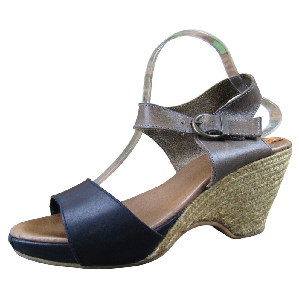 Eric Michael Helsinki‎ Women's 41 Black Brown Leather Wedge Sandals Espadrille